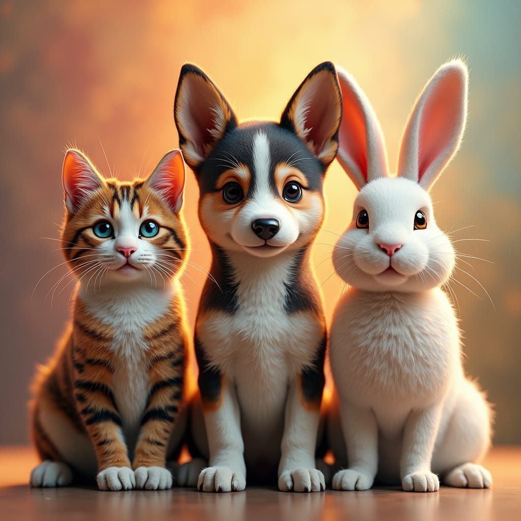 Hyperrealistic Portrait of Cat, Dog, and Rabbit