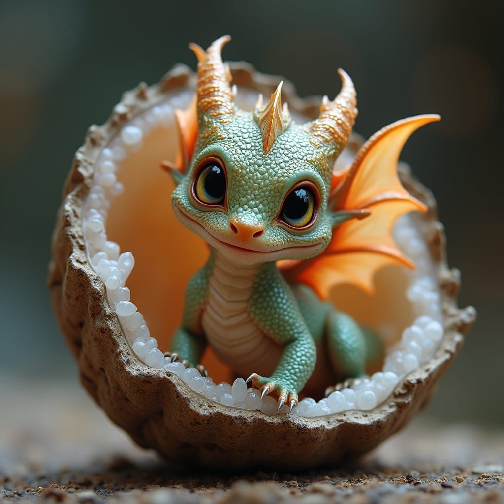 Vibrant Baby Dragon Emerges from a Geode in Whimsical Style