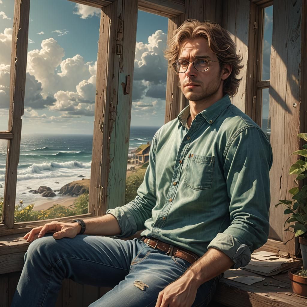 Pensive Man with Weathered Glasses in Fantasy Art