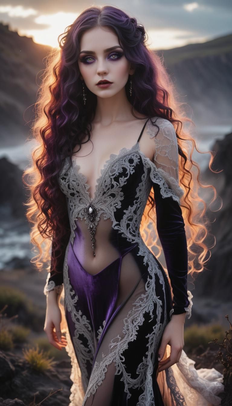 Gothic Beauty Amidst Fiery Landscape