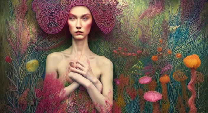 Woman with Narcotic Flower in Surreal Forest Etching