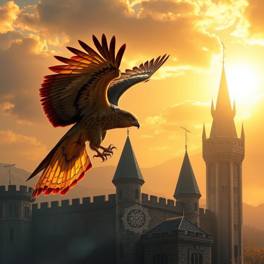 Falcon Soaring Above Castle at Sunset: Digital Art