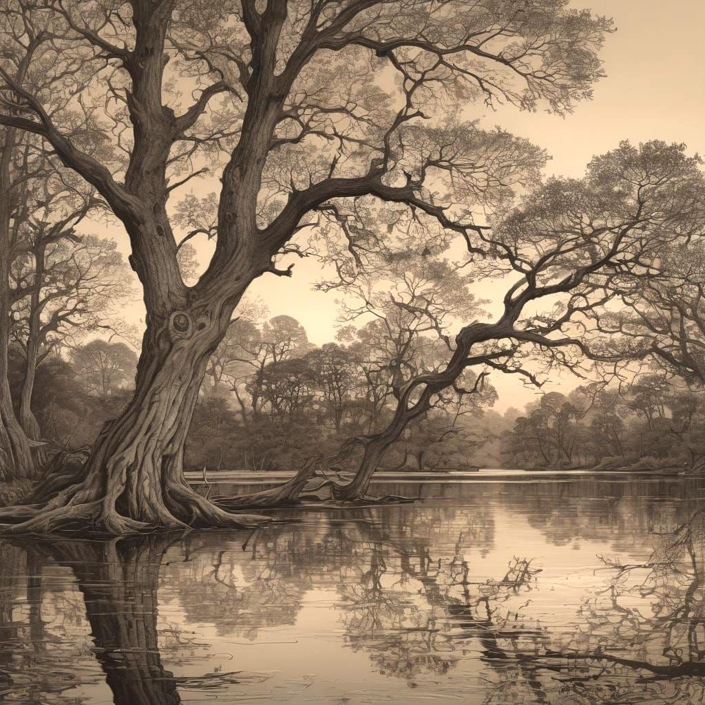 Moody Lake Landscape with Old Oak Trees