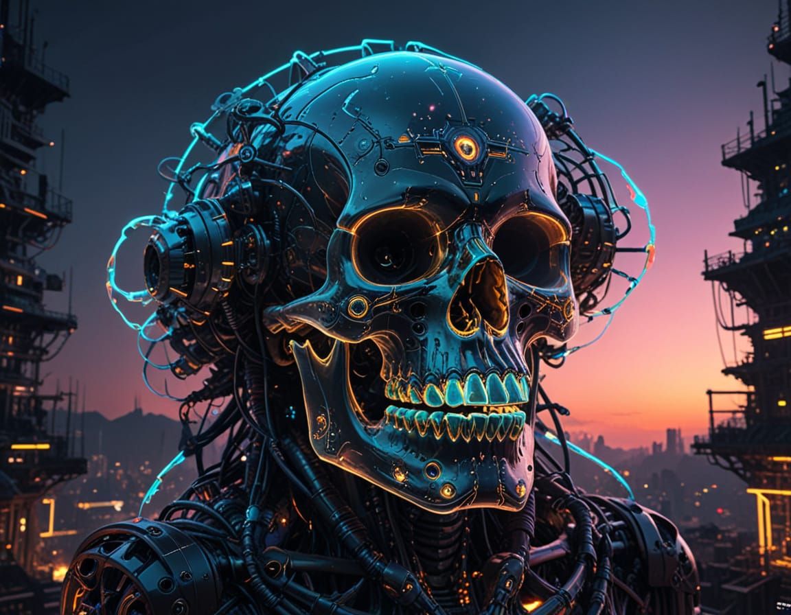 Neon Solarpunk Skull Megastructure in Glowing Translucent De...