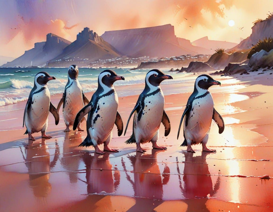 Crimson Penguins near Table Mountain: Neo-Impressionist Styl...