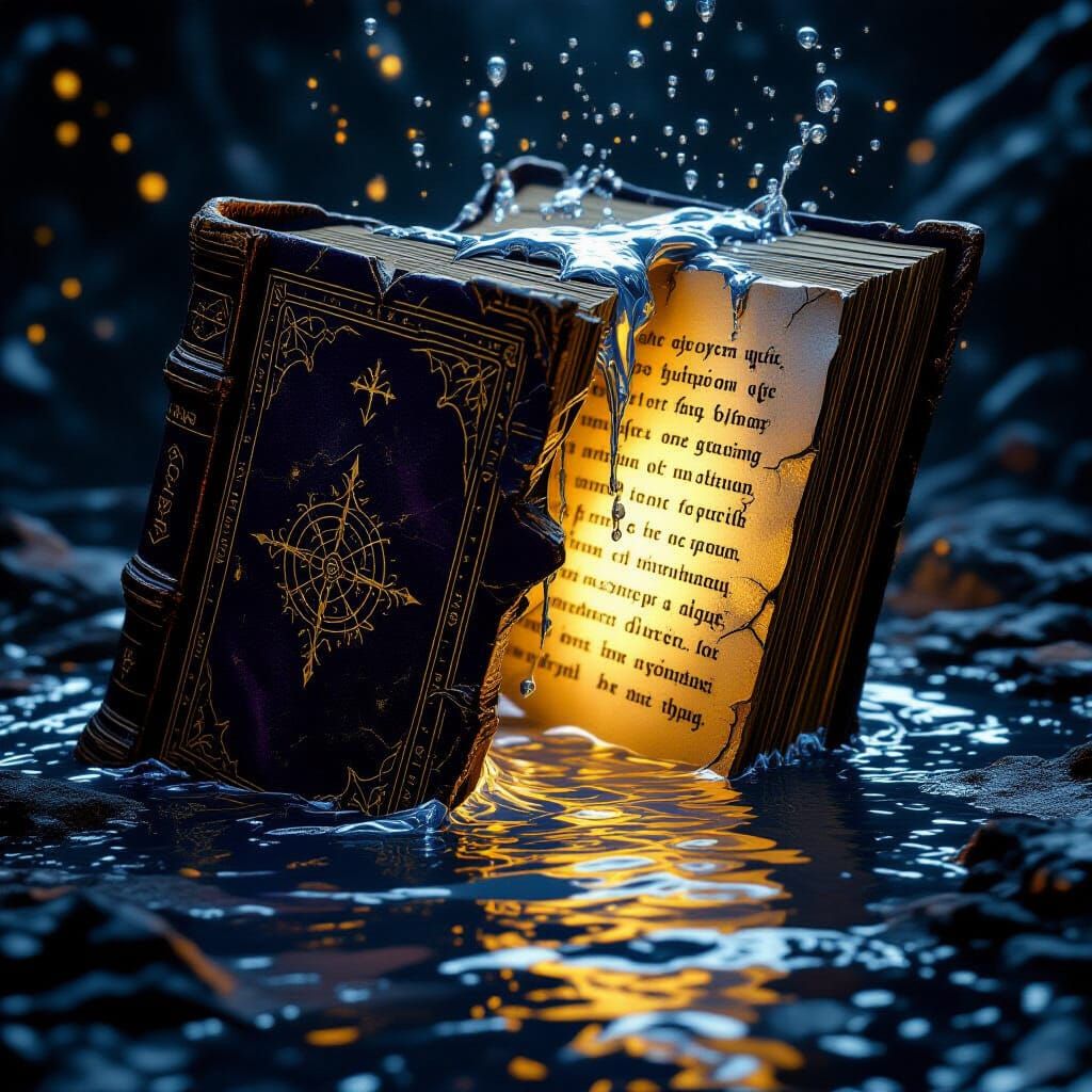 Mystical Book Dissolving into Silver Liquid