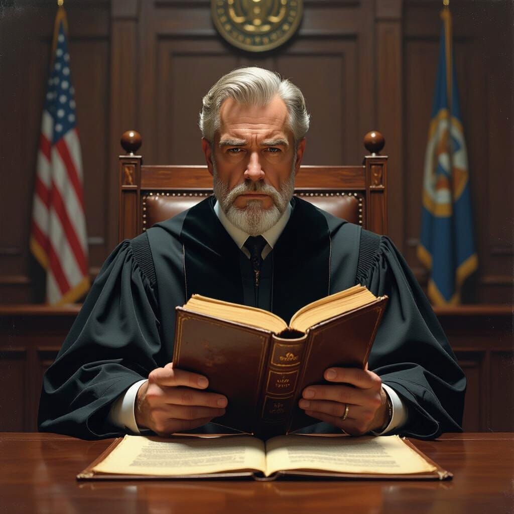 Solemn Judge in Courtroom, Dramatic Lighting