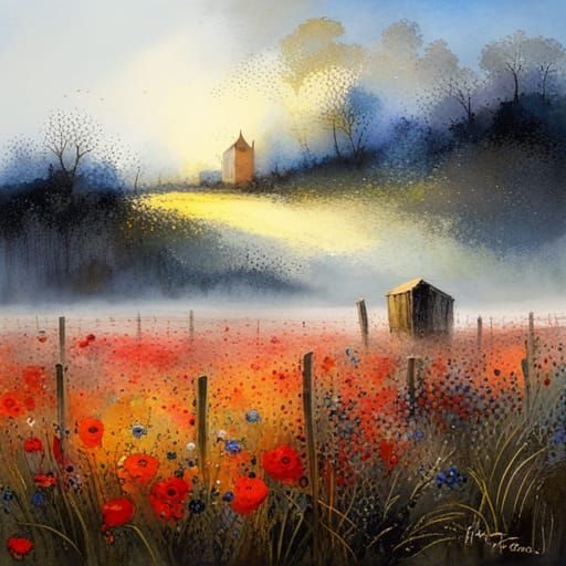 Poppy and Bluebell Field at Sunrise: Detailed Floral Art