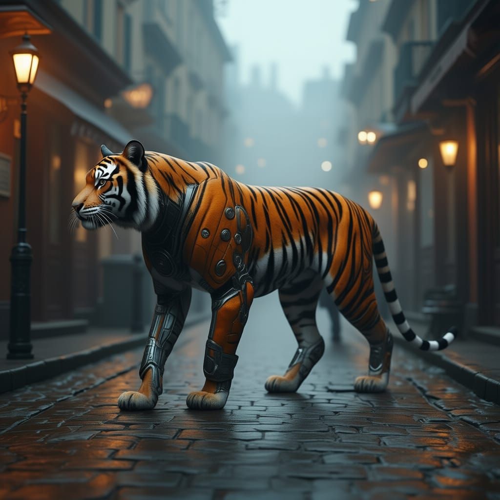 Cyberpunk Tiger on Misty Victorian Street
