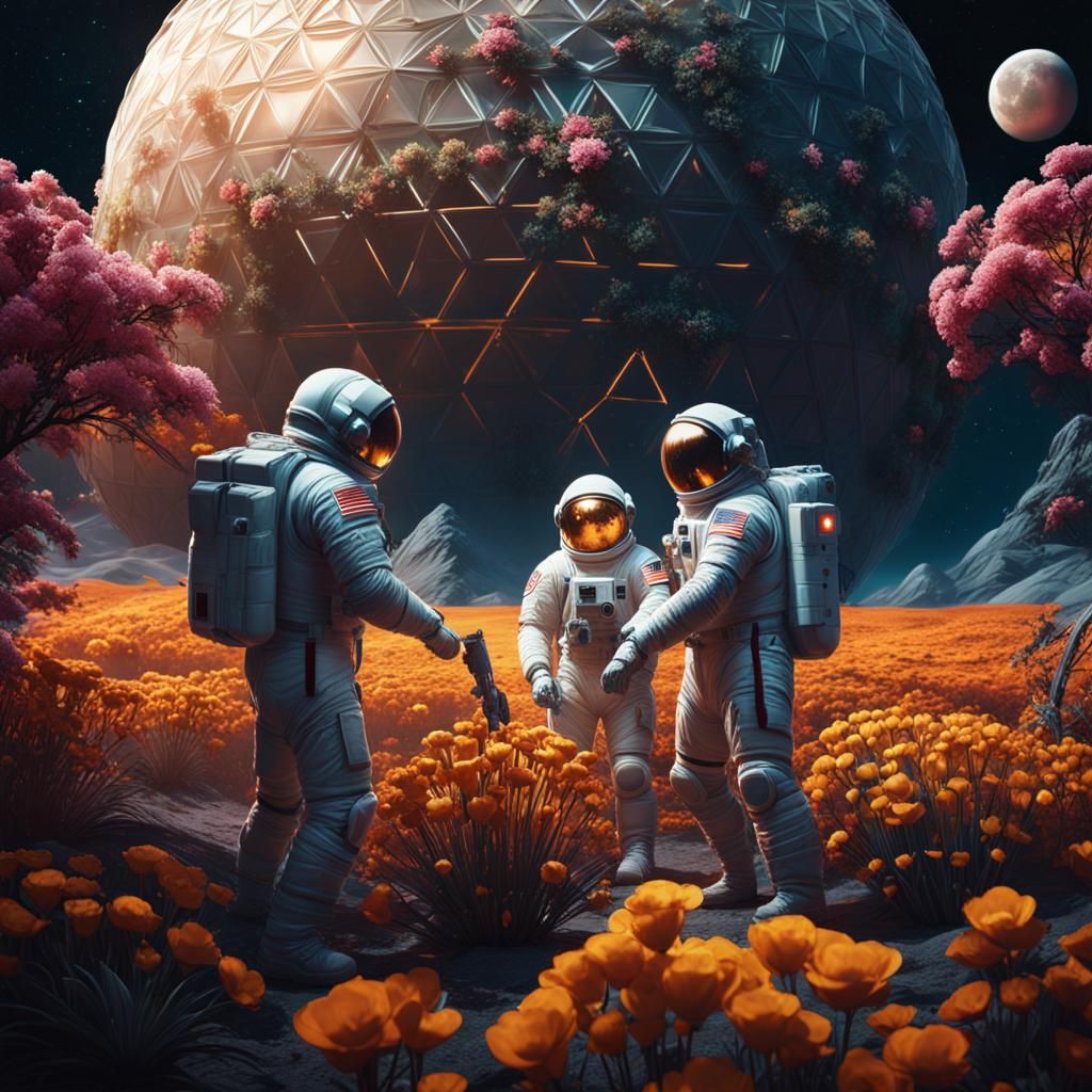 Lunar Greenhouse: Astronauts Tend Flowers on the Moon