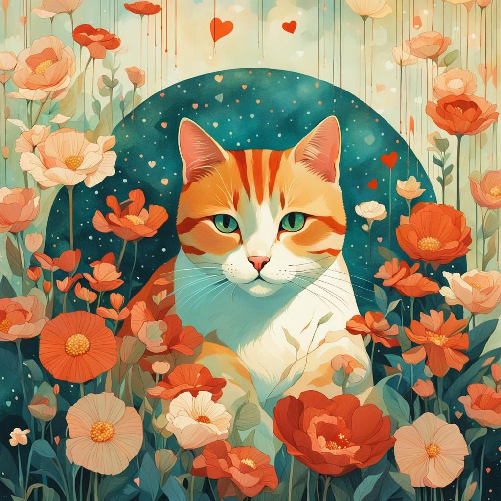 Cat on Pillow Surrounded by Flowers Illustration