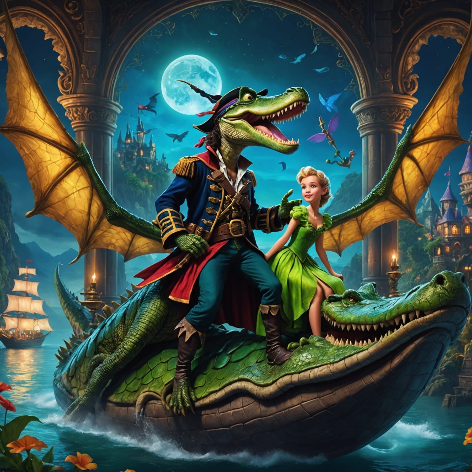 Crocodile Pirate Kisses Tinkerbell Over Neverland