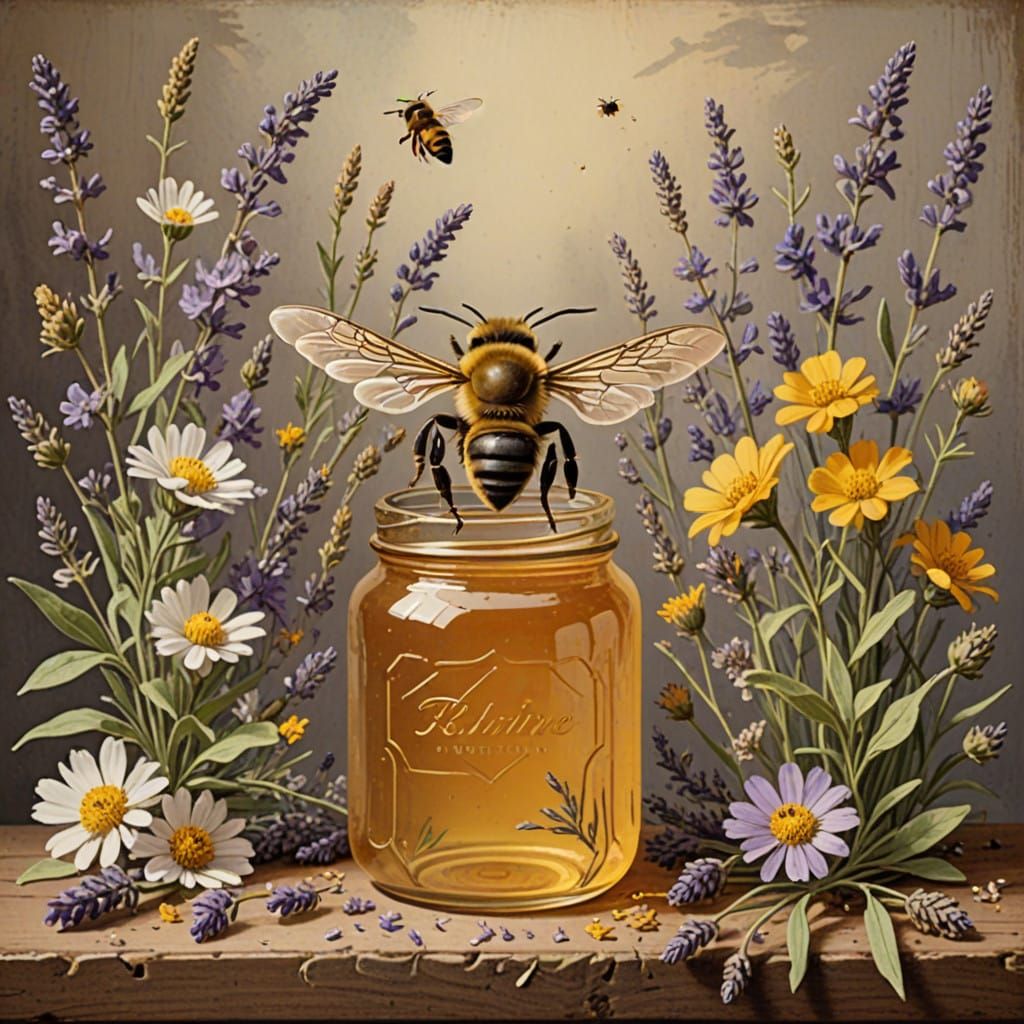 Golden Honey Bee Portrait in 19th-Century Botanical Style