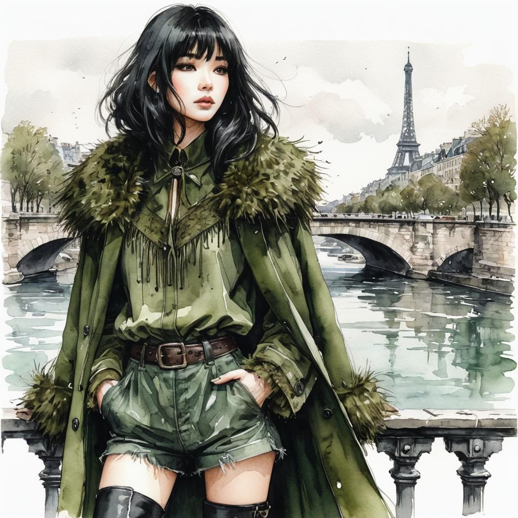 A stunning woman, black hair, plain with fringe, with a moss...