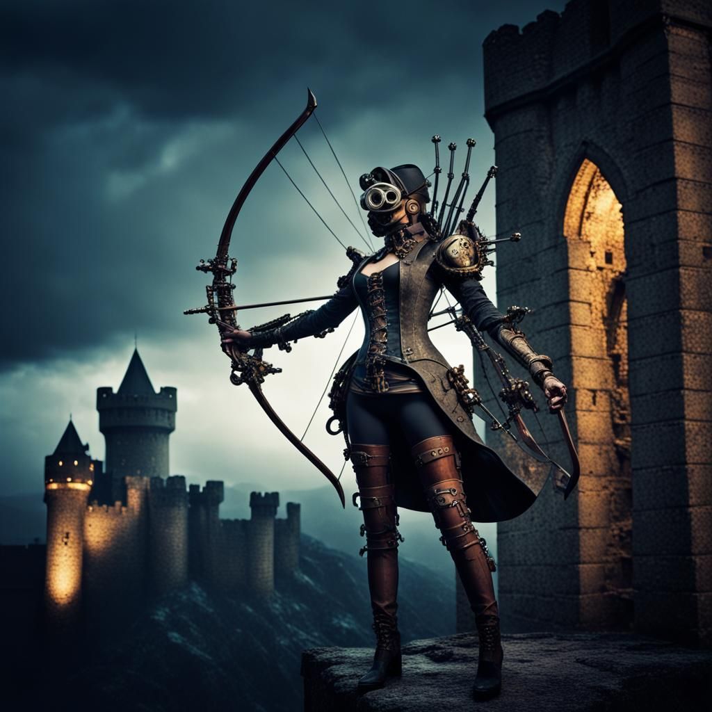 Steampunk Archer Bot in Dark Fantasy Style