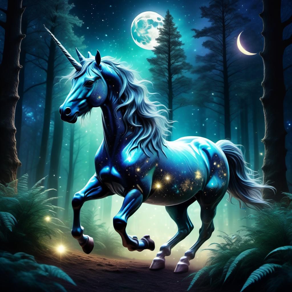 Mystical Unicorn Galloping Through Bioluminescent Forest