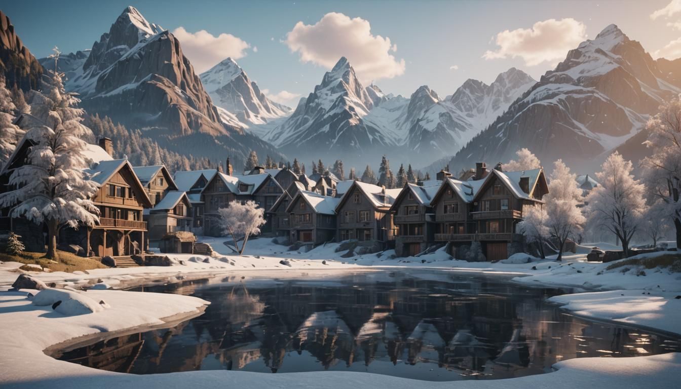 Frozen Pond, Townhouses, and Mountains in 3D