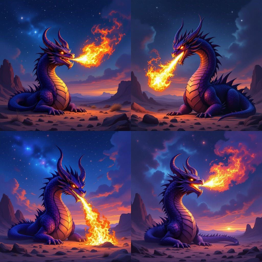 Majestic Purple Dragon Breathes Fire Under Starry Desert Sky
