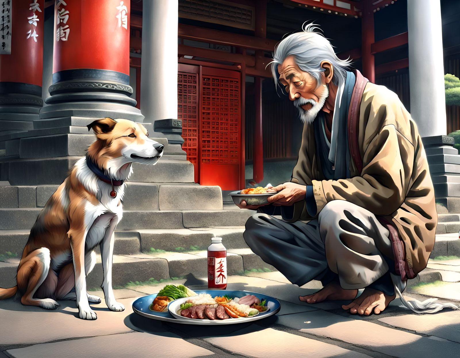 Homeless Man Shares Meal with Dog, Japanese Temple