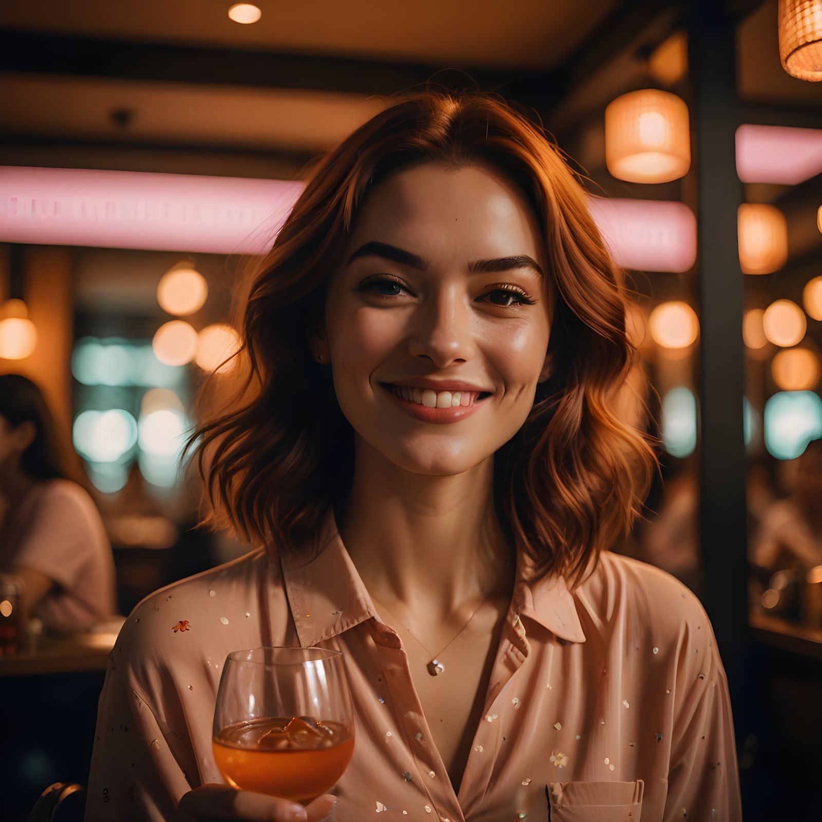 1980s Woman in Casual Attire Smiling with Drink