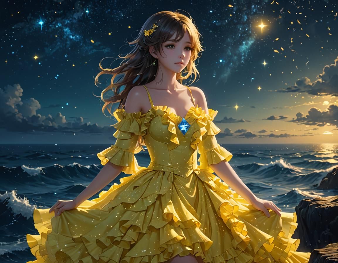 Bioluminescent Ocean Under Starry Sky in Anime Style