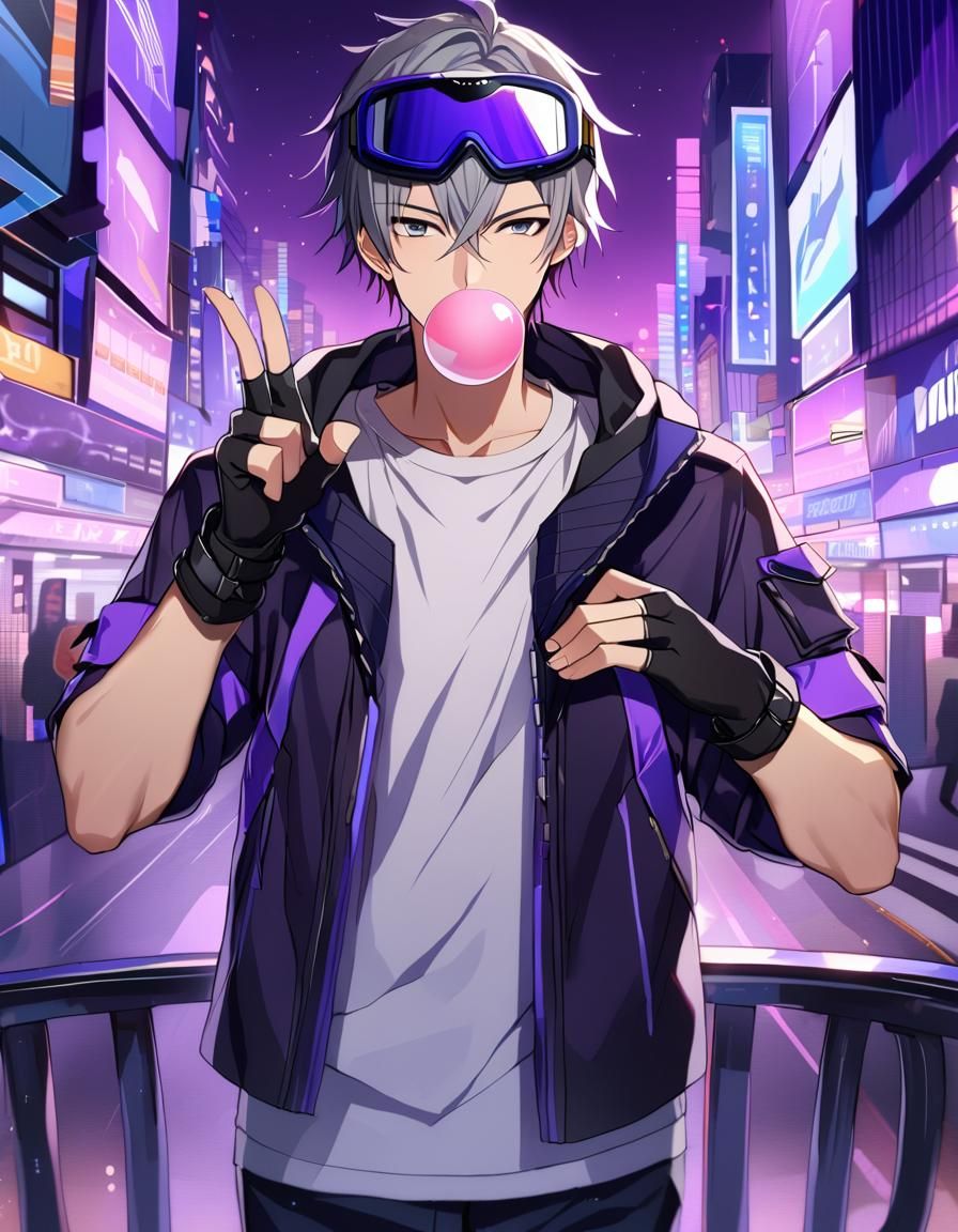 Anime Boy with Wolf Jacket in Cityscape