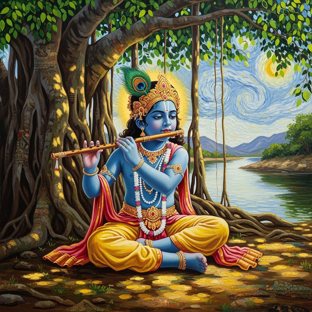 Krishna Child Portrait in Impasto Style Under Banyan Tree