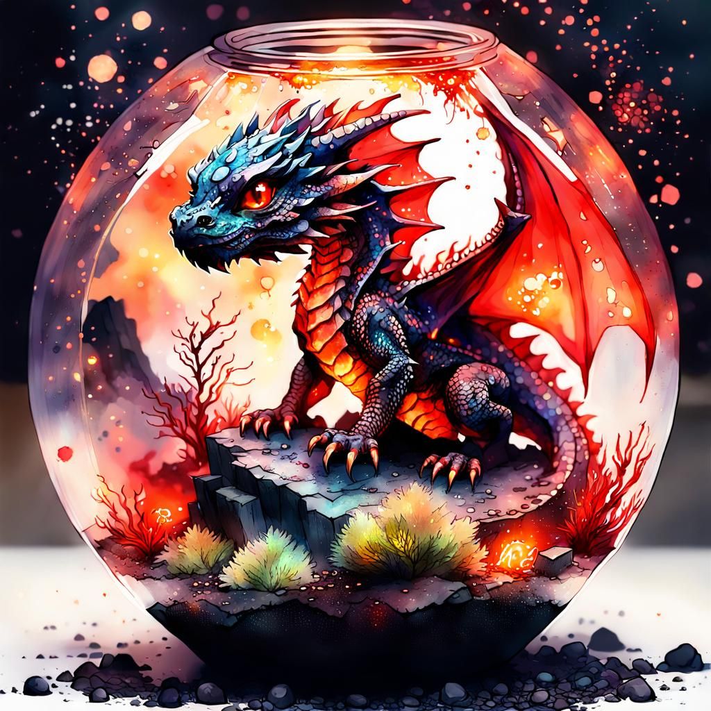 Chibi Fire Dragon in Terrarium, Digital Watercolor