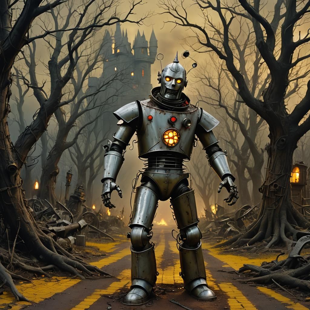 Eerie Tin Man Stands on Twisted Yellow Brick Road
