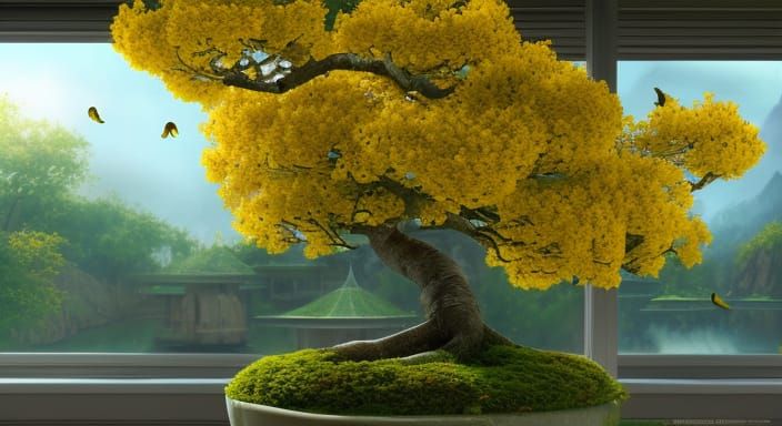 Bonsai Forsythia with Yellow Blossom: Matte Painting