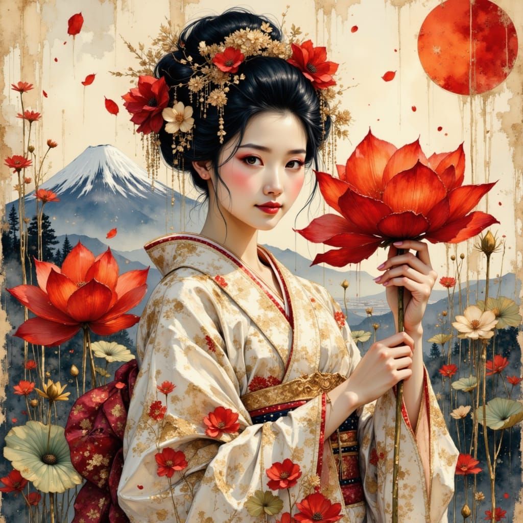 Geisha in shades of white and red
