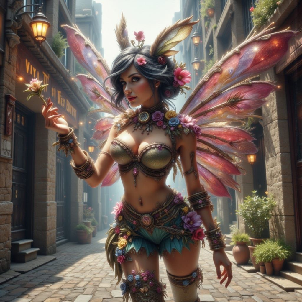 Punk Fairy in Post-Apocalyptic City with Star Clouds