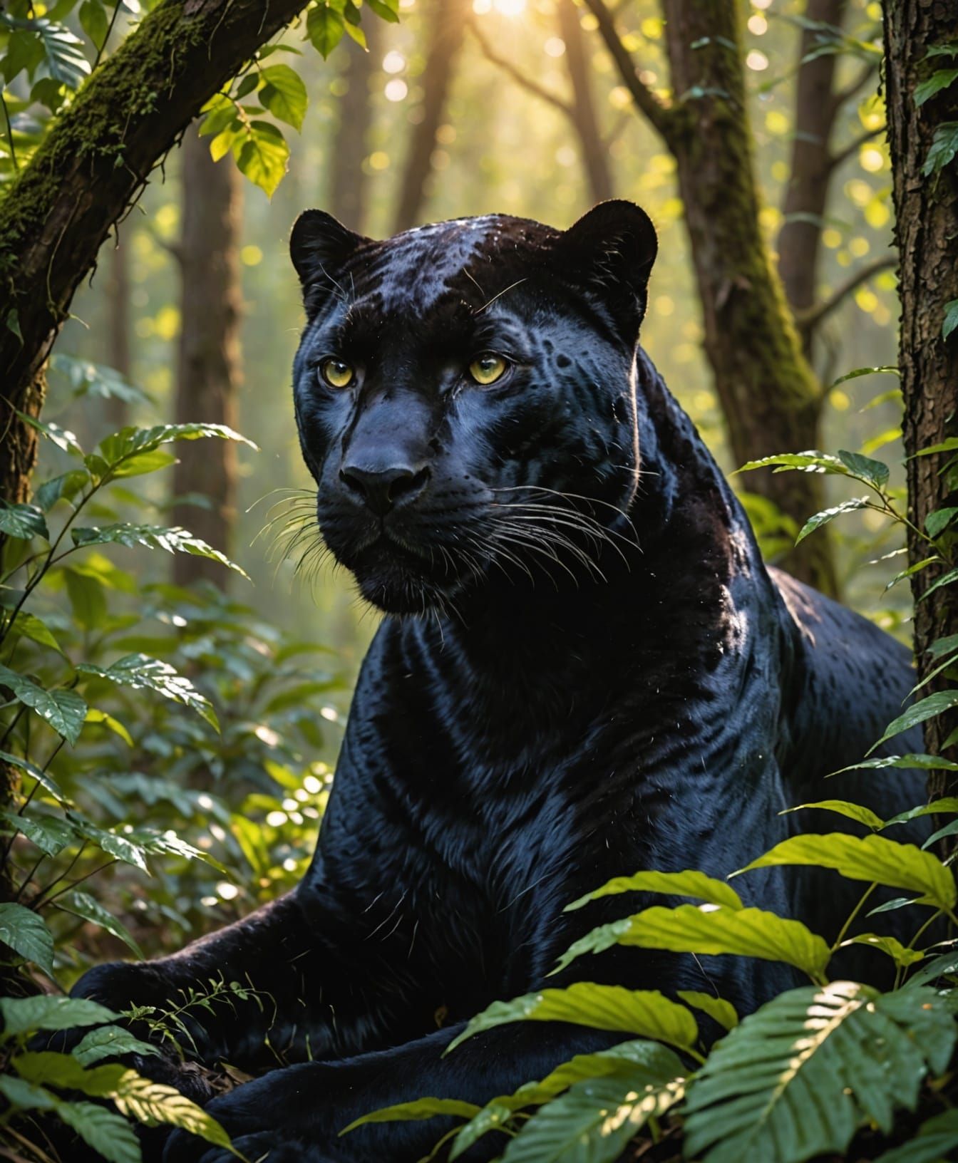 Black Panther and Cub in Golden Forest Light
