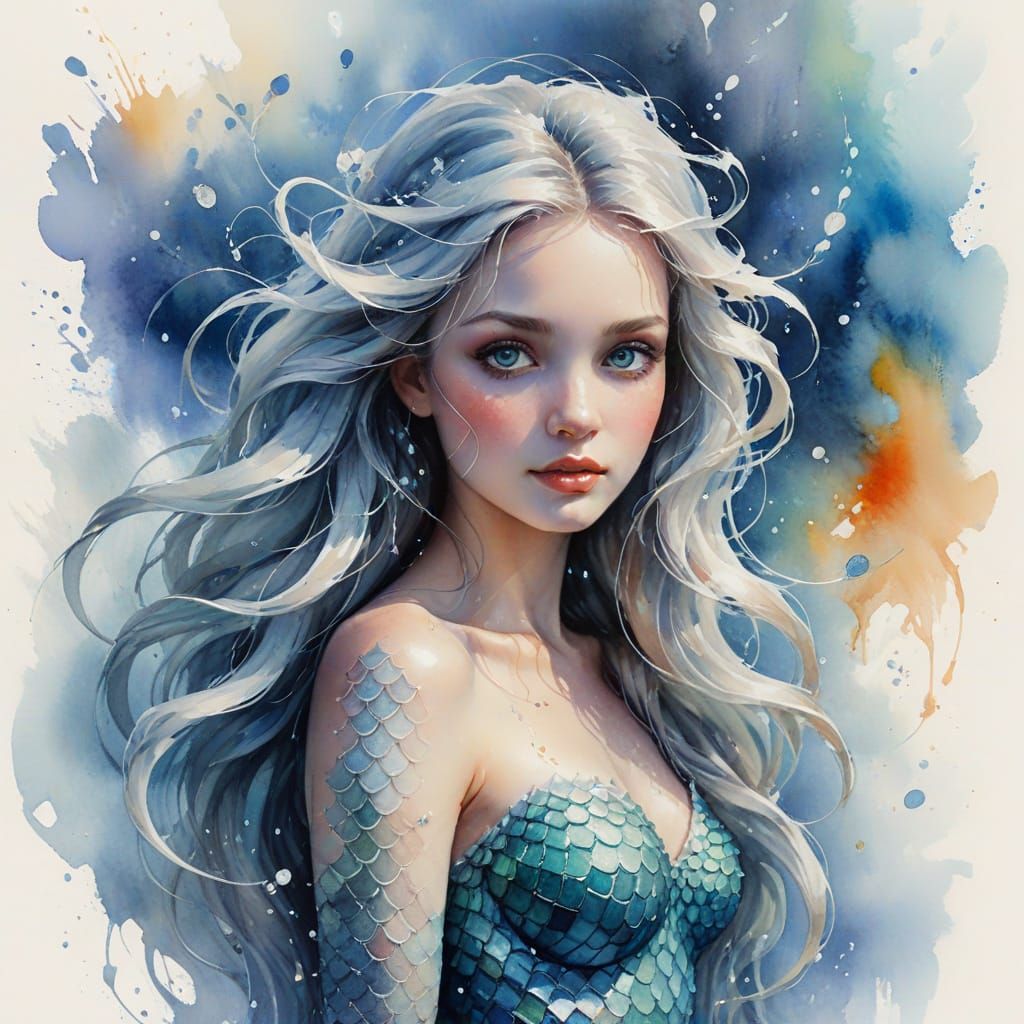 Watercolor Mermaid Portrait with Flowing Hair and Scales