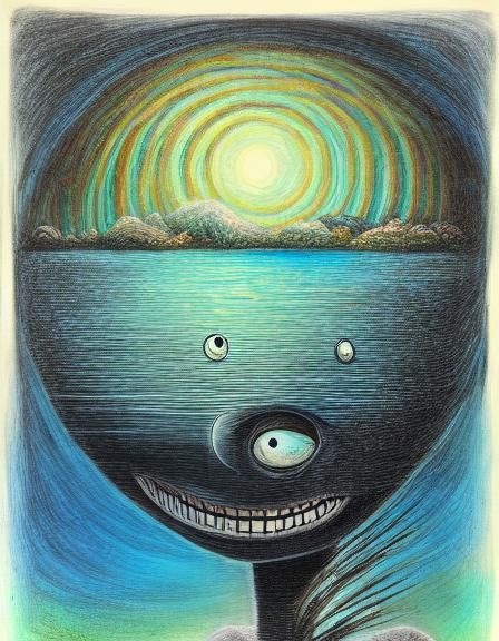 Alien by Surreal Lake in Blue: Line Drawing