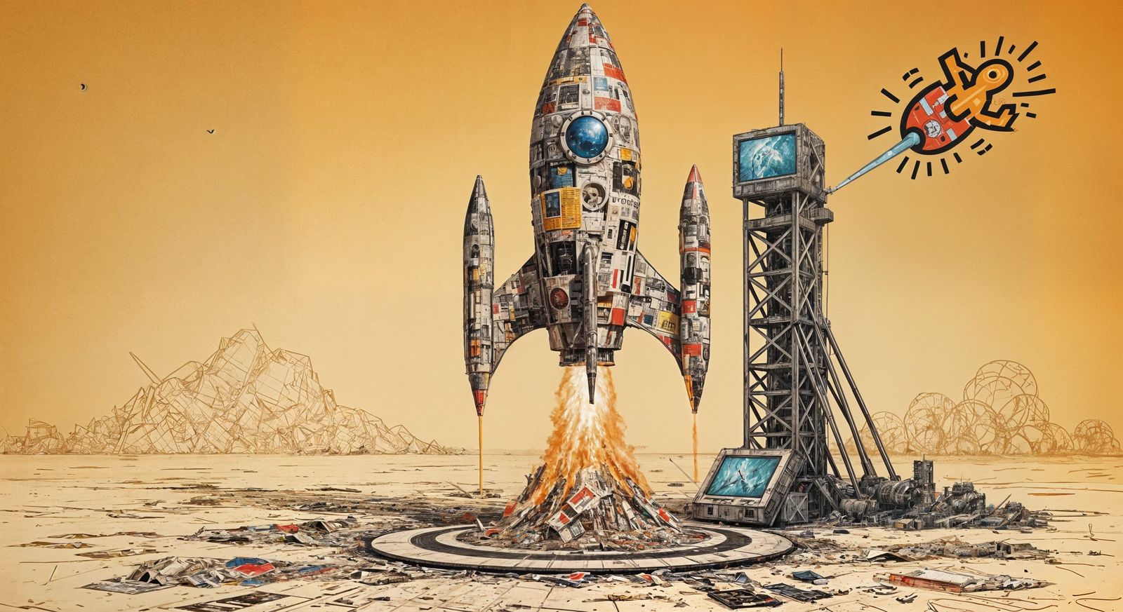 Retro-Futuristic Rocket Launch: Fabric and Paper Collage