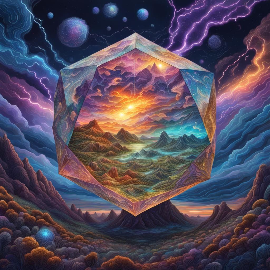 Psychedelic Dodecahedron in Storm, Mixed Media Illustration
