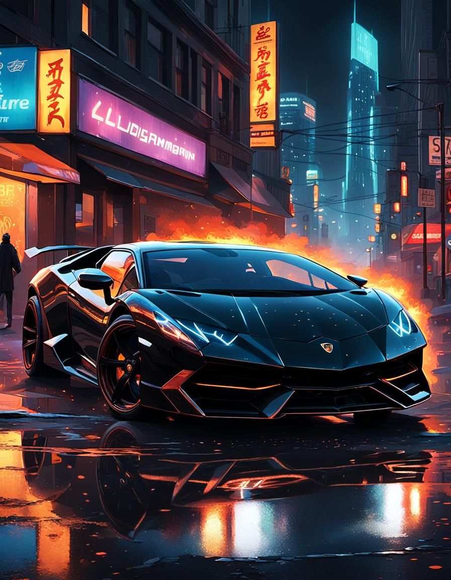 Lamborghini Drifting Through Neon Metropolis in Digital Art