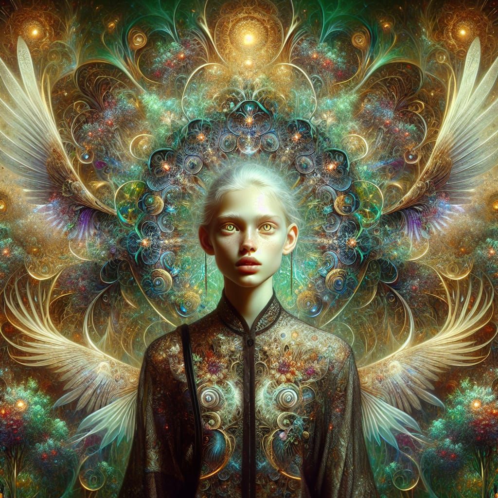 Fantasy Girl Portrait with Dragon Wings in Symbolist Style