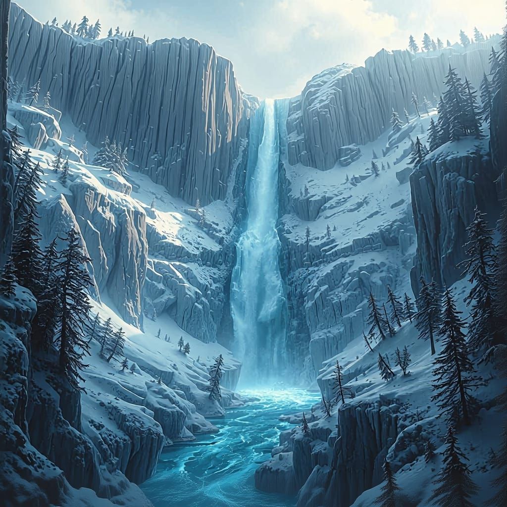 Majestic Frozen Waterfall in a Magical Landscape
