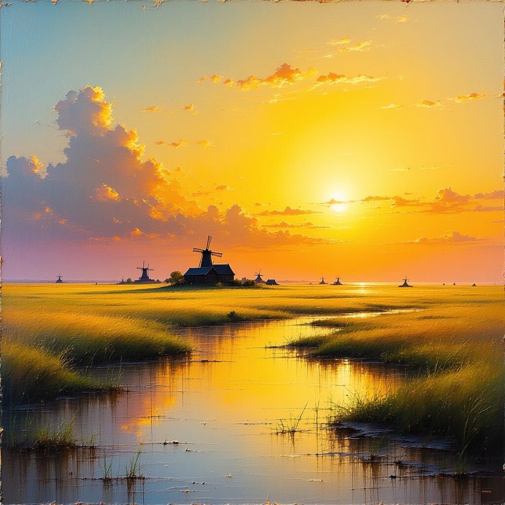 Abstract Salt Marsh Sunset Landscape with Farm and Windmills