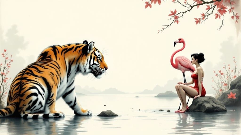 Tiger, Flamingo, and Pin-Up Girl in Japanese Ink Style
