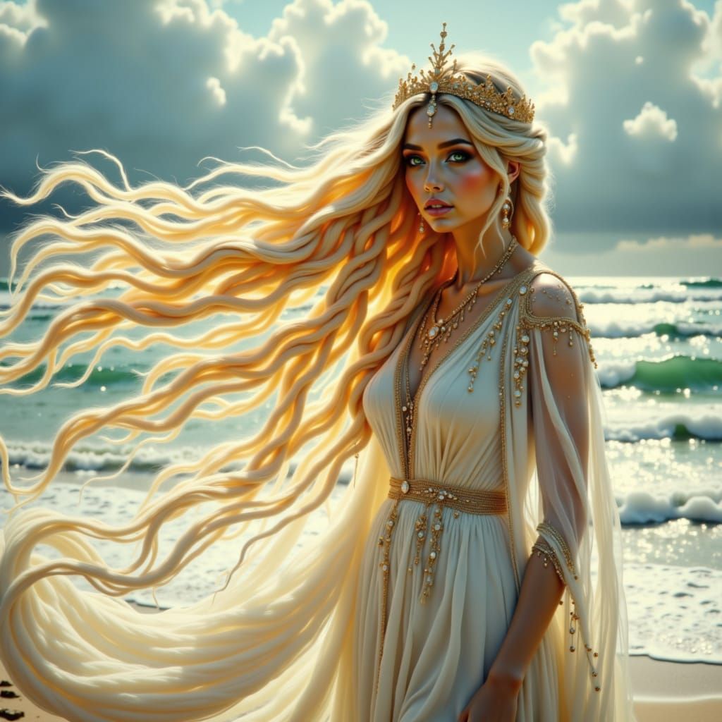 Blonde Woman in Golden Kokoshnik on Summer Beach