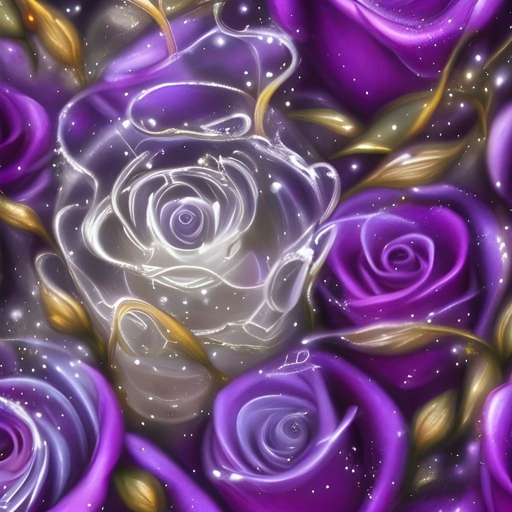 Glass Purple Rose with Golden Snowing Petals