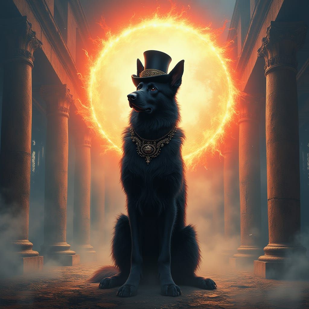 Mystical Dark German Shepherd in Top Hat and Gloves, Surroun...