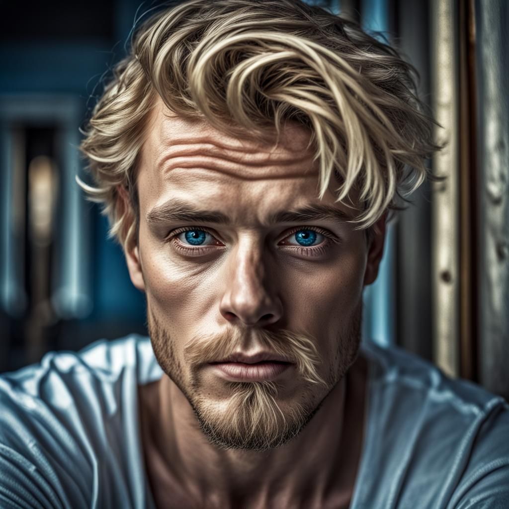 Realistic Portrait of a Blond Man with Blue Eyes