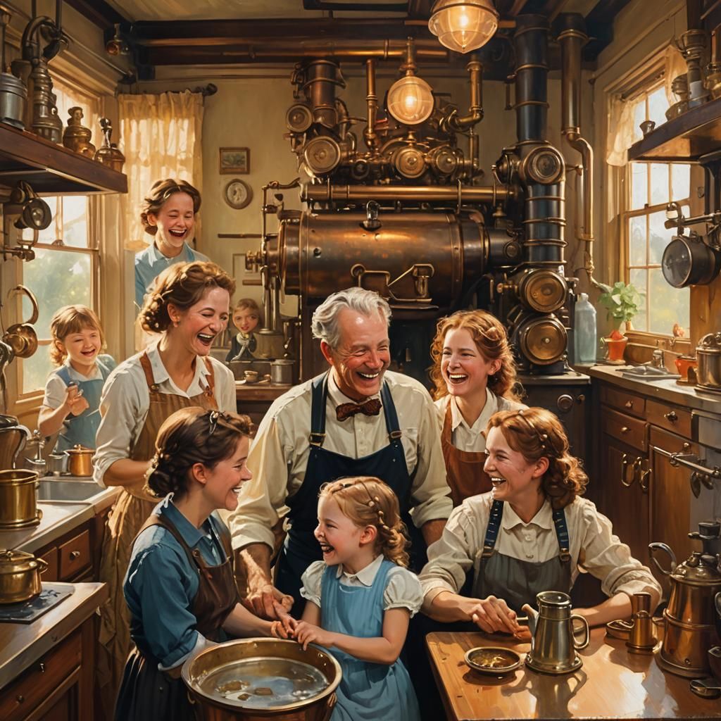 Family Laughing in Sunlit Kitchen as Impressionist Oil Paint...