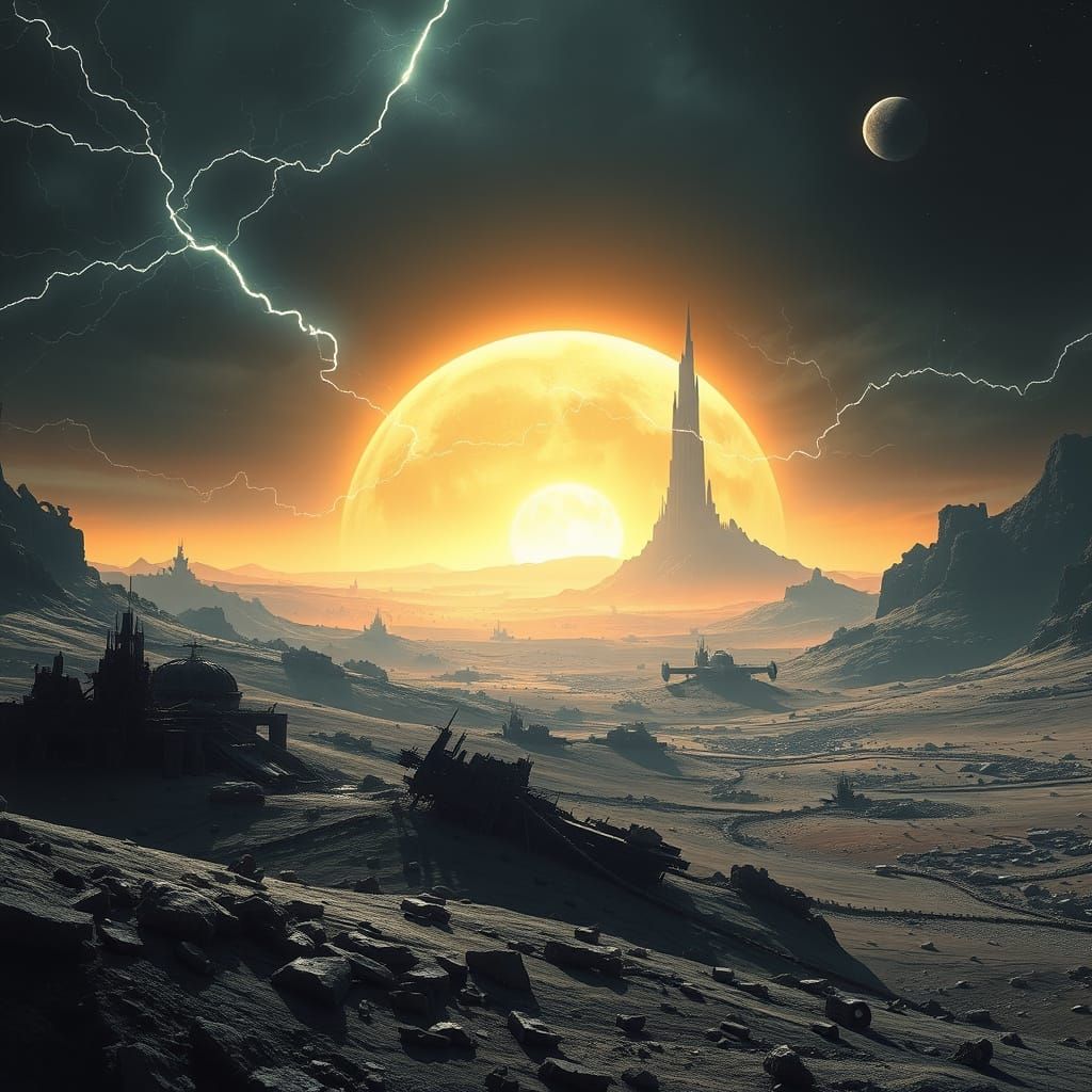 Barren Metallic Moon Under Dystopian Skies