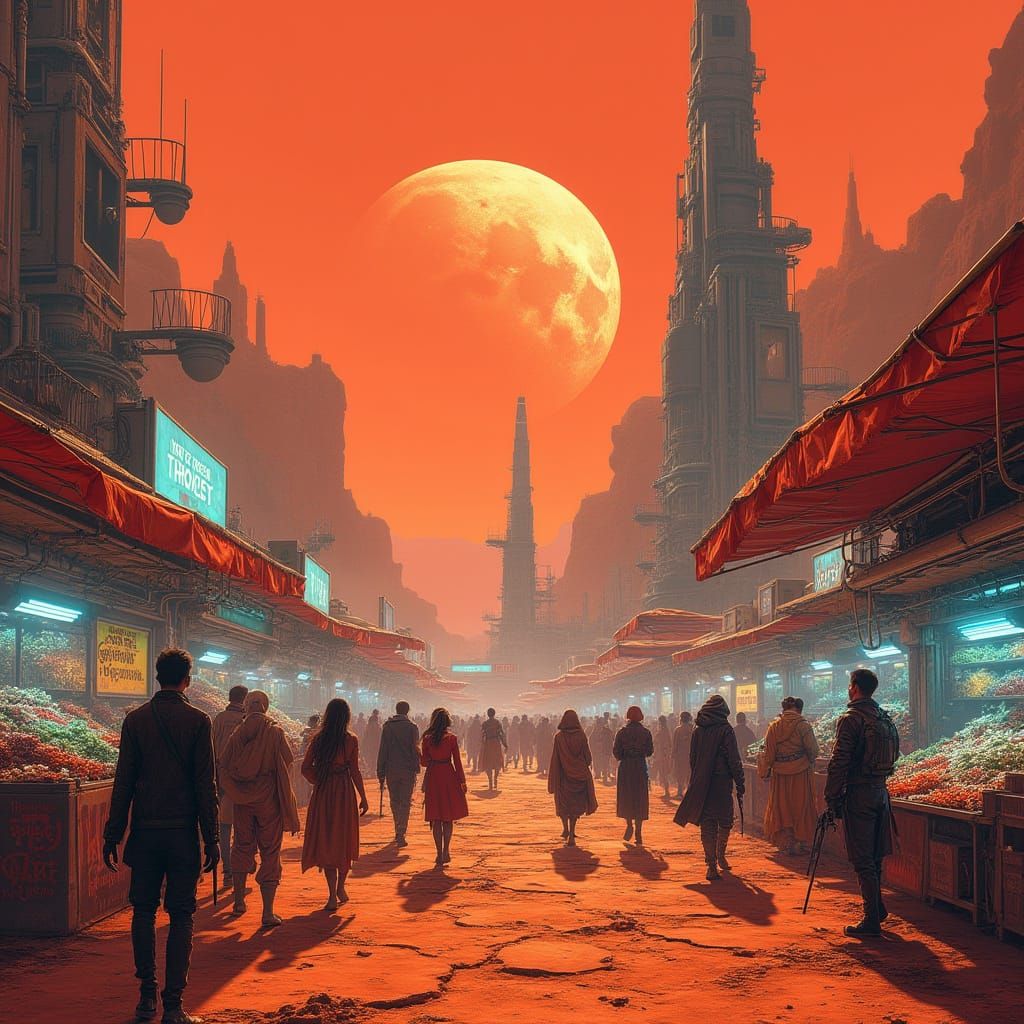 Futuristic Mars Marketplace with Alien Species