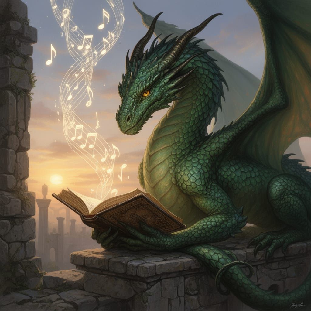 Dragon Studying Ancient Lore Amidst Musical Symphony